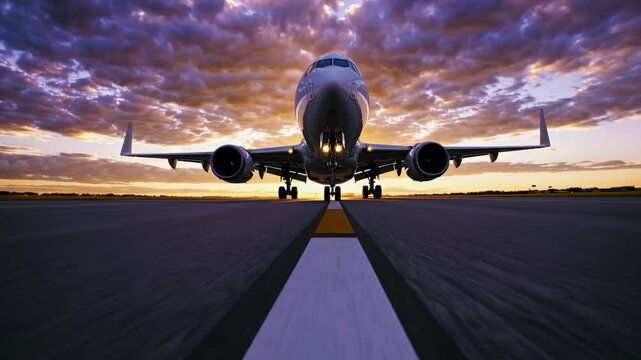 Airplane landing at sunset with dramatic skies and glowing runway lights