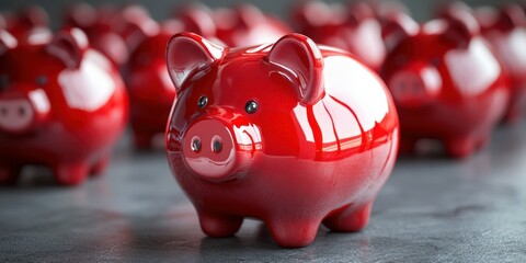 Bright red ceramic piggy bank stands out among similar savings banks in a modern setting