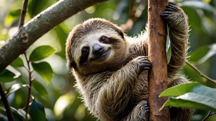 Fototapeta premium A sloth clings to a tree branch in a lush, green environment, showcasing its unique charm.