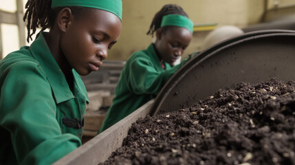 Two girls in green uniforms working diligently with compost, showcasing teamwork and dedication to sustainability. Isolated on transparent background.
