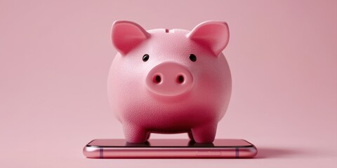 Pink piggy bank sits on a smartphone against a pastel background while representing savings and financial planning