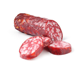 Delicious dry cured sausage isolated on white