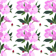  A seamless floral pattern with pink and purple flowers, green leaves, and rosebuds on a white...