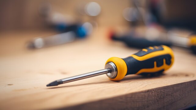 Screwdriver on a wooden workbench surrounded by tools during a home improvement project