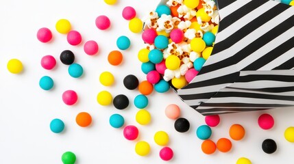 Colorful Treats Spilling from Striped Box on White Background