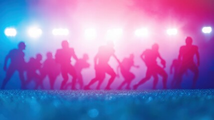 Athletes performing drills on a football field under bright stadium lights, intense and focused energy,