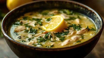A close up image of a bowl of chicken soup