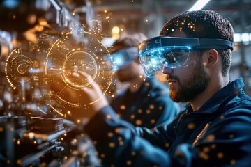 Group of workers using augmented reality glasses in a factory setting for enhanced productivity innovation and collaboration in an industrial environment