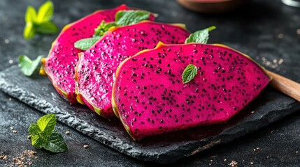 Freshly sliced dragon fruit garnished with mint leaves
