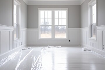 Room prepared for renovation with plastic floor covering. Home makeover or construction project