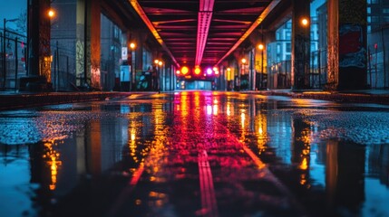 Vibrant city underpass at night, reflecting lights in puddles.