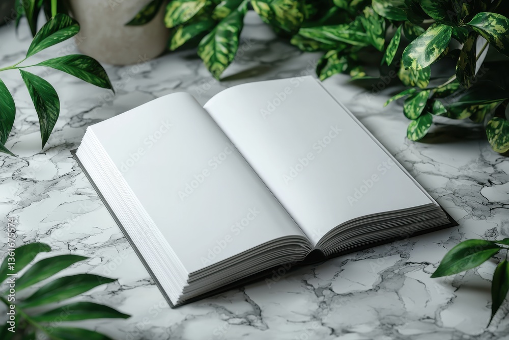 Aufkleber open blank book surrounded by lush greenery on a marble surface creates a serene reading atmosphere