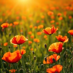 Fototapeta premium Sun-drenched poppies sway gently in a vibrant field, sunlight, bloom