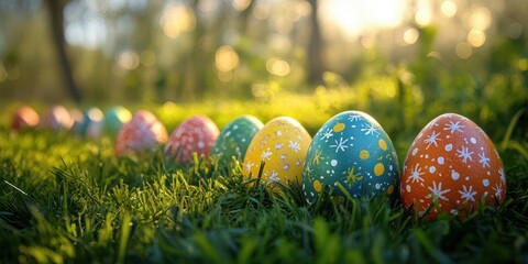 Colorful decorated eggs placed on green grass in a serene outdoor setting during a sunny day celebrating the Easter holiday