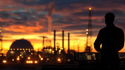 Obraz premium Dramatic sunset over silhouetted industrial skyline with smokestacks and factories in the distance creating a moody and atmospheric urban landscape