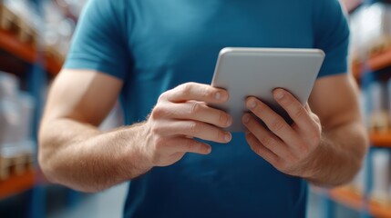 Man using mobile phone or tablet device while working in a modern warehouse or distribution center managing orders inventory and logistics for online shopping and commercial business
