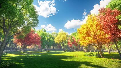 Naklejka premium Beautiful trees with colorful leaves in the park, a blue sky and white clouds, lush green grass, a landscape painting.