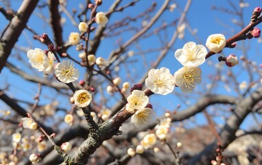 Stunning White Plum Blossoms on Branch Against Blue Sky