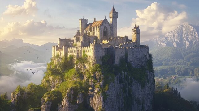 Majestic medieval castle atop rocky hill overlooking scenic mountain landscape