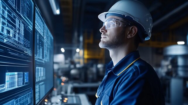 Engineer analyzing complex data on screens in modern industrial facility