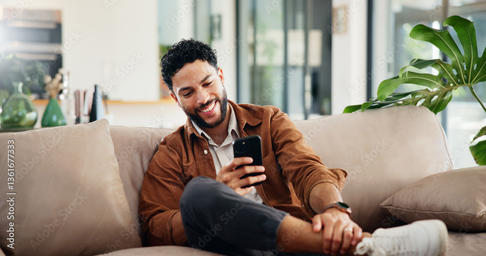 Poster man, relax and laugh on sofa with mobile, social media and meme website for joke in home. person, ne