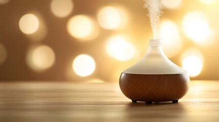 Aroma Diffuser on Wooden Table with Bokeh Background