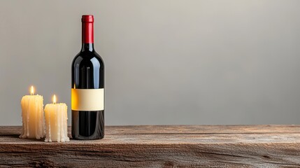 Fototapeta premium Elegant wine bottle on a rustic wooden table with soft candlelight creating a warm and inviting atmosphere