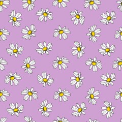 Seamless floral pattern of contour daisy flowers yellow center drawn by hand isolated on a pink background. Repeating pattern. Delicate botanical design for textile, packaging, cards.
