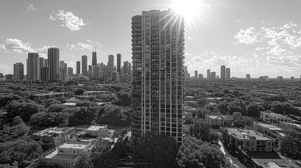 Stunning Black and White Cityscape: Highrise Building Amidst Urban Skyline