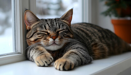 A relaxed tabby cat sleeping peacefully on a windowsill with snow outside