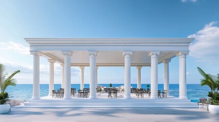 Obraz premium Elegant seaside pavilion with columns, tables, and ocean view under clear sky