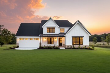Obraz premium Modern farmhouse with large lawn at golden hour. suburban real estate showcase