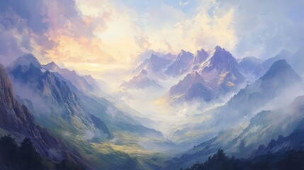 Serene Mountain Range Panorama with Soft Clouds and Morning Hues