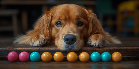 A golden retriever resting near colorful spheres with a sad expression