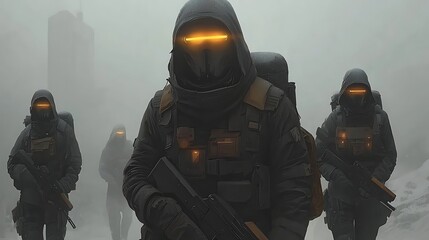 Futuristic soldiers with foggy landscape.