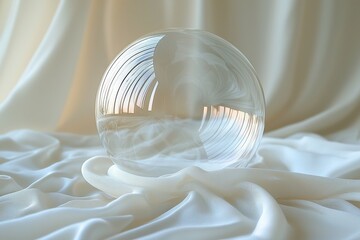 Clear glass sphere reflecting soft textures and subtle light on a draped fabric backdrop during daylight hours