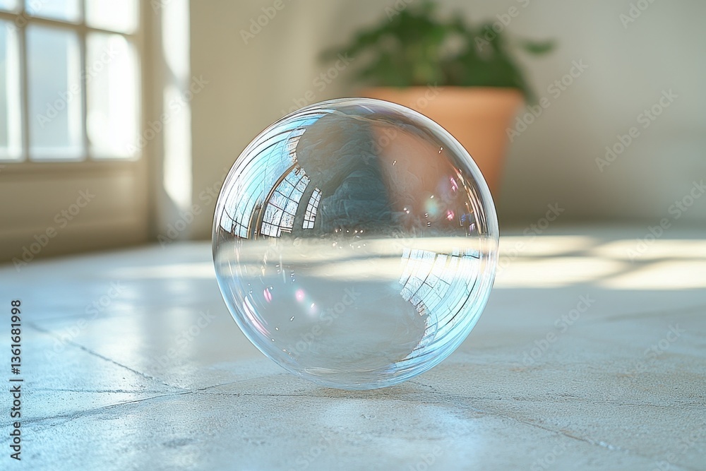 Poster Translucent sphere resting on smooth floor with sunlight streaming through windows