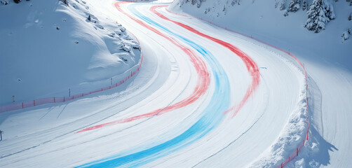 Snow-covered Olympic ski slope with red, blue gates for downhill race. Winter sport competition track. Perfect clean conditions for speed skiing. White snow with curves, red, blue marking lines.