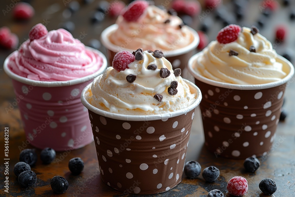 Poster colorful ice cream cups with toppings displayed on a rustic wooden table