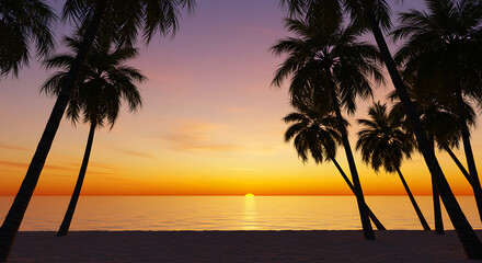 Tropical palm trees silhouetted against a vibrant sunset  