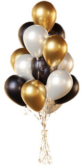 Balloon bouquet in black, gold, and white, isolated on a transparent background. A bunch of realistic balloons for birthday, anniversary, New Year, wedding, corporate, and holiday event designs. © Tatsiana