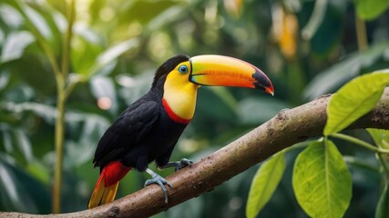 A colorful toucan perched on a branch in a lush green environment.