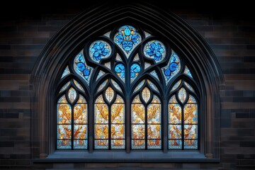 Fototapeta premium Gothic stained glass windows in stone wall. spiritual and historical context