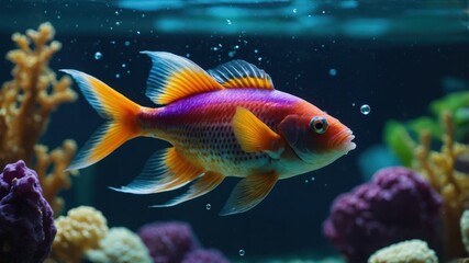 A vibrant fish swimming among colorful corals in an aquarium.