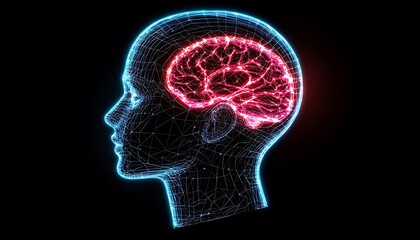 Glowing Brain with Female Profile, and Neural Network.