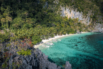 Crab boats and islands aerial photography travel background in tropical Southeast Asia