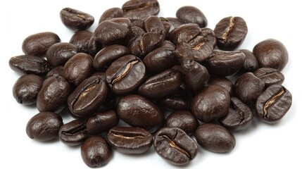 Fototapeta premium Roasted coffee beans pile on white background. Possible use stock photo