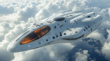 Futuristic spacecraft flying through a sky filled with fluffy clouds