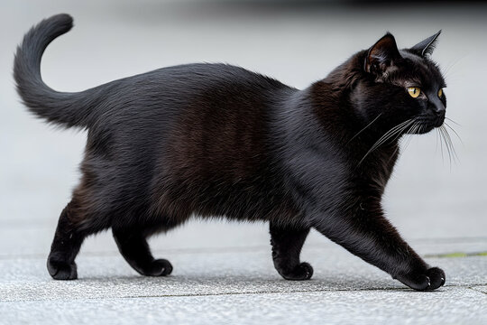 A sleek black cat confidently strides across a cobblestone path, with blurred urban scenery behind