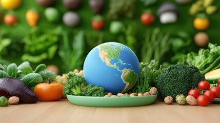 A vibrant display of fresh vegetables surrounding a globe, symbolizing the connection between food and the planet's health.